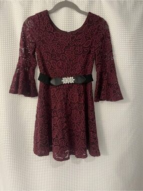 BCX Girl Burgundy Lace Fit-and-Flare Dress with Decorative Belt